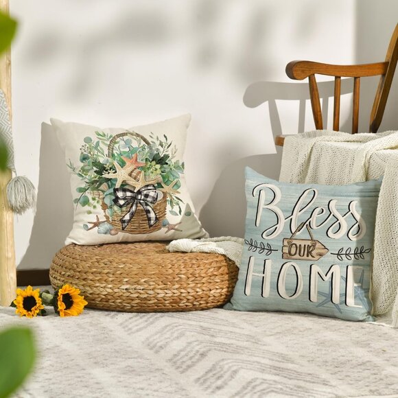 **AVOIN** Bless Our Home Eucalyptus Leaves Starfish Throw Pillow Covers, 20 X 20 - Picture 5 of 8